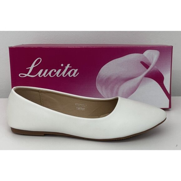 LUCITA / Friendly / White / Pointed Toe / Flats / Faux Leather Slip-On Shoes - Picture 7 of 8